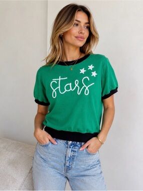 QUEEN OF SPARKLES Green Short Sleeve 'Stars' Tee with Black Trim